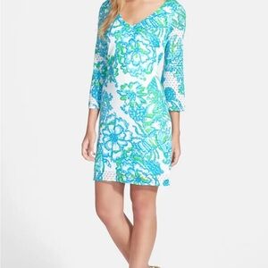 Lilly Pulitzer Blue and White crochet Alden Dress with 3/4 Sleeves sz xs